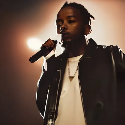 Image similar to side angle of kendrick lamar rapping into a microphone, smoke in the background, night time, 4 k