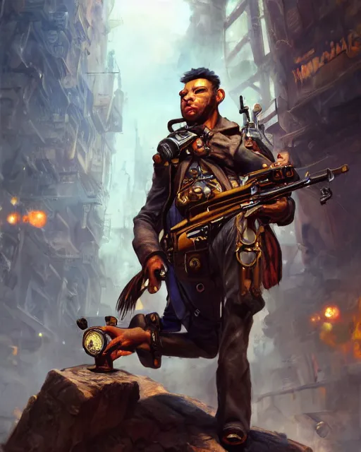 Image similar to oil painting of Anthropomorphized Monkey Sniper, holding steampunk gun, sharp focus, exploding golden steampunk city background, full body, heroic pose, fantasy style, octane render, volumetric lighting, 8k high definition, by greg rutkowski, highly detailed, trending on art Station, magic the gathering artwork, centered, dramatic artwork, combat scene