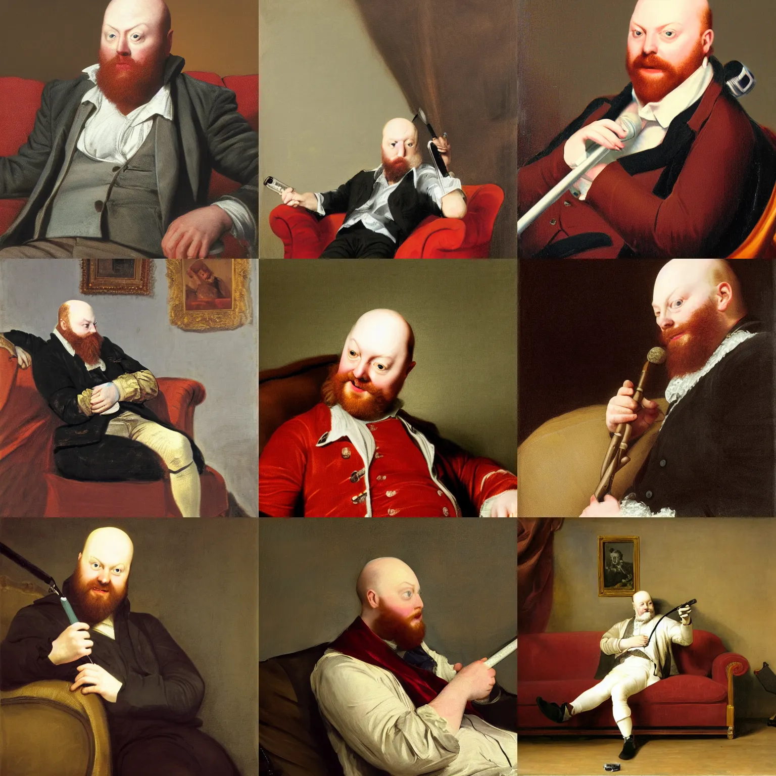 Prompt: playful portrait of angriestpat sitting on a couch, talking into a mic stand by joseph ducreux