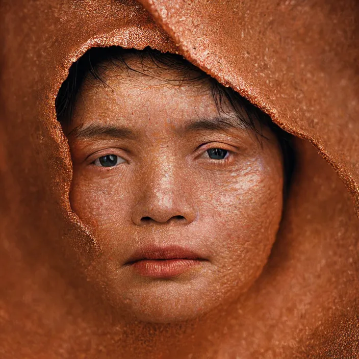 Prompt: closeup portrait of a woman wrapped in copper fiber, standing in el nido in philippines, color photograph, by vincent desiderio, canon eos c 3 0 0, ƒ 1. 8, 3 5 mm, 8 k, medium - format print