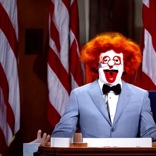 Prompt: Ronald Mcdonald giving a passionate speech in front of Congress, 8k, dslr, cinematic,