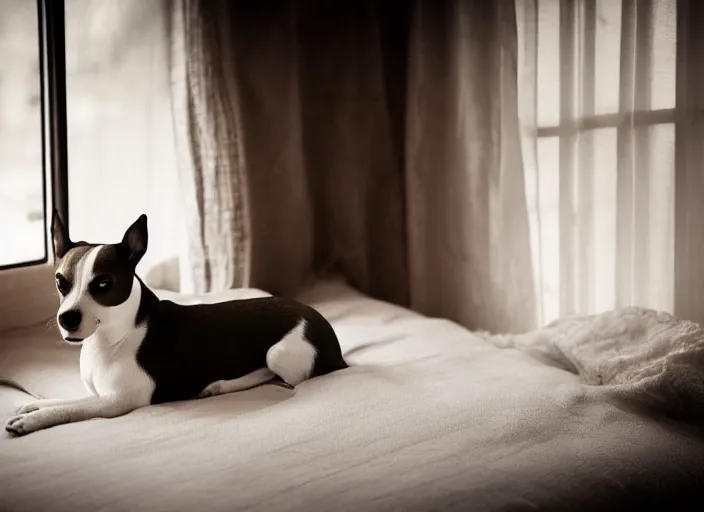 Image similar to photography of a Jack Russel . watching outside the window. on a bed. in a vintage room.,volumetric light, photorealistic,, award winning photo, 100mm, sharp, high res