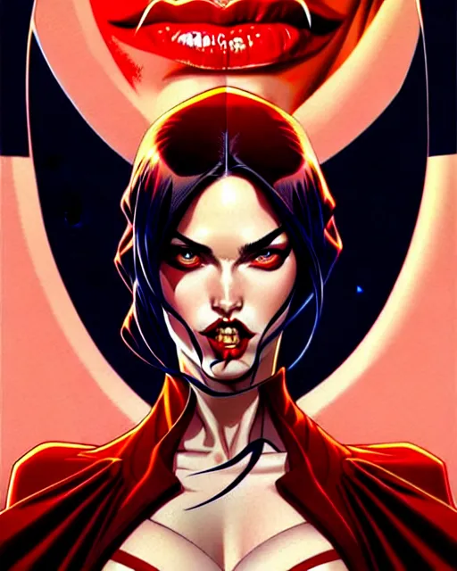 Image similar to artgerm, joshua middleton comic cover art, full body pretty megan fox vampire sharp teeth, red dress, symmetrical eyes, symmetrical face, long curly black hair, dark castle background background, cinematic lighting