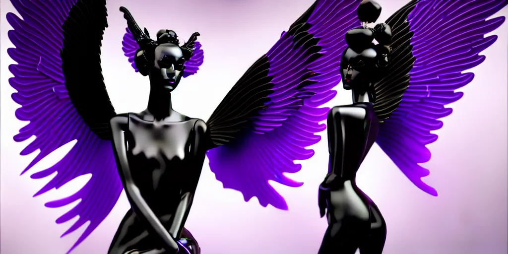 Image similar to a beautiful purple and black 3 d geometrically printed mannequin with angel wings!! in the style of a geisha demon, chrome roses!! dripping black iridescent liquid, winged victory, moody, dramatic, introspective, 4 k, trending on artstation, photorealistic, volumetric lighting, octane render, tarot card with ornate border frame h - 1 0 2 4