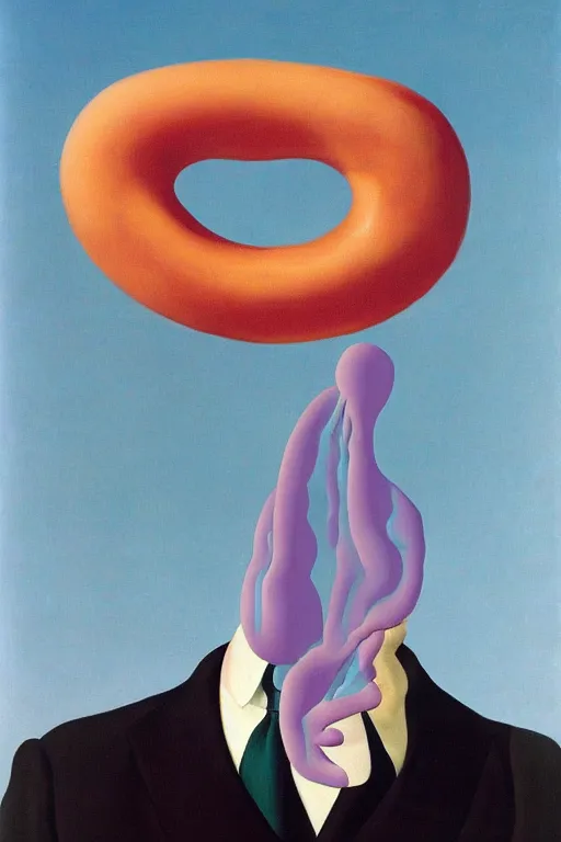 Image similar to Rene Magritte's Son Of Man painting with a floating pink hotdog blocking the face, the hotdog has a stem and leaves and is growing more unripe hotdogs on the hotdog vine