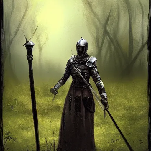 Prompt: a female knight in a foggy swamp in the style of seb mckinnon