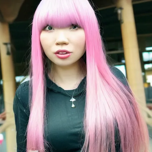 Prompt: Photo of Nikki from Shining Nikki as a real person, a cute petite Chinese young woman with long light-pink hair color and full straight bangs, heart-shaped face, pale skin