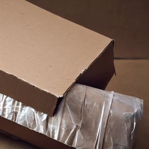 Prompt: broken and damaged cardboard box pulled apart, ripped, wrapped in fragile tape