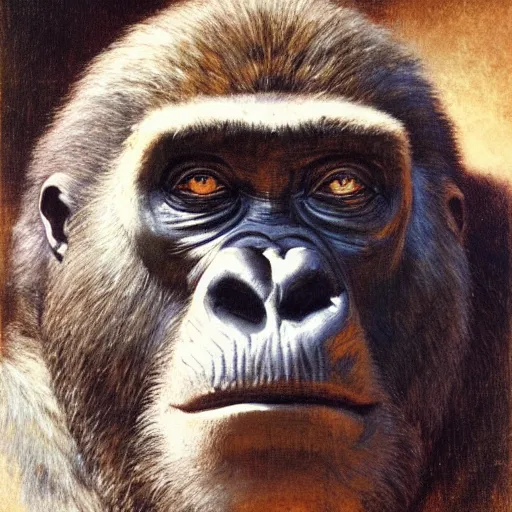 Image similar to highley detailed potrait of a silverback gorilla, painting by gaston bussiere, craig mullins, j. c. leyendecker, lights, art by ernst haeckel, john william godward, hammershøi,