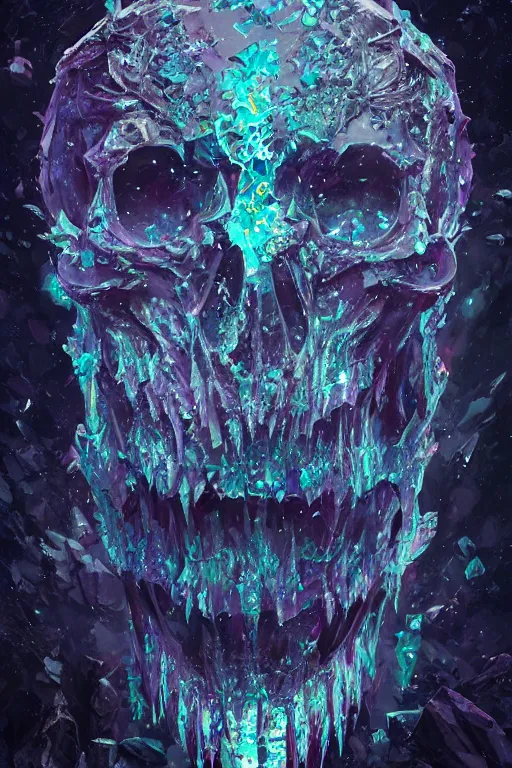 Prompt: A fancy portrait of a crystalized beast skull by Greg Rutkowski, beeple, Sung Choi, Mitchell Mohrhauser, Maciej Kuciara, Johnson Ting, Maxim Verehin, Peter Konig, final fantasy, macro lens , 8k photorealistic, cinematic lighting, HD, high details, dramatic, dark atmosphere, trending on artstation