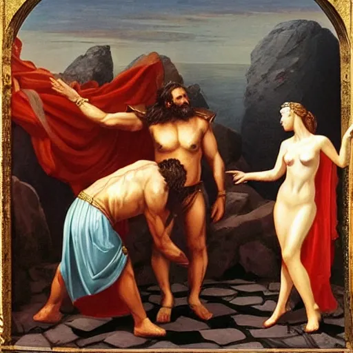 Image similar to odysseus in love with witch circe, the odyssey, art by petrus christus