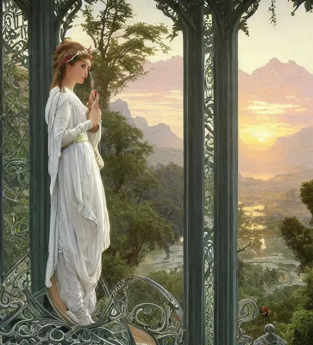 Prompt: intricate oil painting of a young elf alicia vikander with pointed elf ears wearing ornate white and light green dress with silver belt, looking out at sunrise over rivendell from her art nouveau balcony, elegant, digital painting, sharp focus, illustration, ultra realistic, 8 k, by bouguereau, alphonse mucha, artgerm, and donato giancola