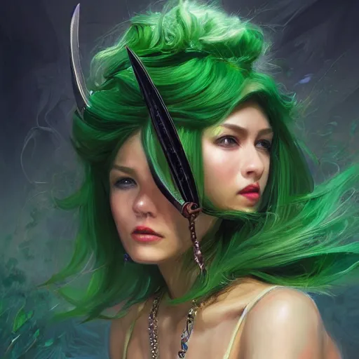 Prompt: A masterpiece portrait of a copper princess menacing girl with tall green amazing egypt wig with bat wings. trending on artstation, digital art, by Stanley Artgerm Lau, WLOP, Rossdraws, James Jean, Andrei Riabovitchev, Marc Simonetti, Yoshitaka Amano