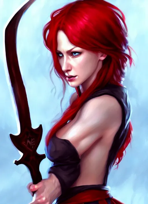 Prompt: a woman with red hair holding two large axes, concept art by senior character artist, true anatomy, extremely beautiful face, extremely detailed face, artstation contest winner, fantasy art, concept art, artstation hd, 2 d game art