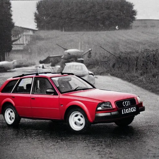 Prompt: an audi a 4 quattro allroad being used during ww 2