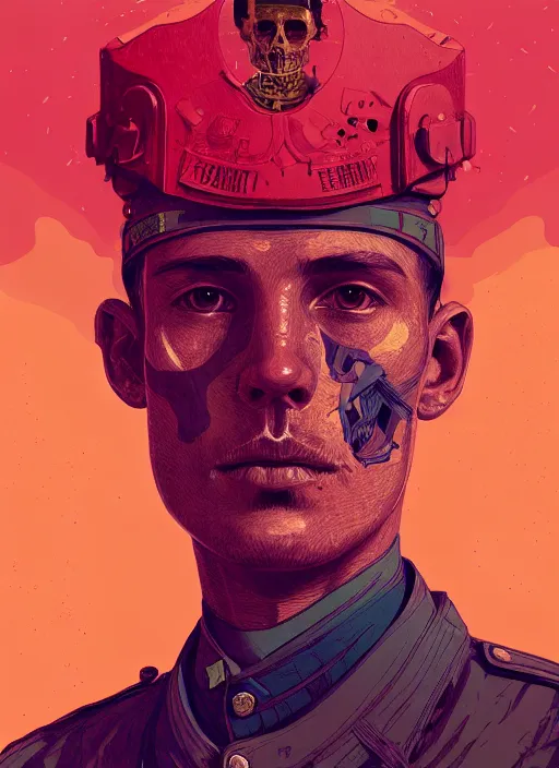 Prompt: portrait of a ww 1 soldier, half of his face is skull, artstation winner by victo ngai, kilian eng and by jake parker, by conrad roset, swirly vibrant color lines, winning award masterpiece, fantastically gaudy, aesthetic octane render, 8 k hd resolution