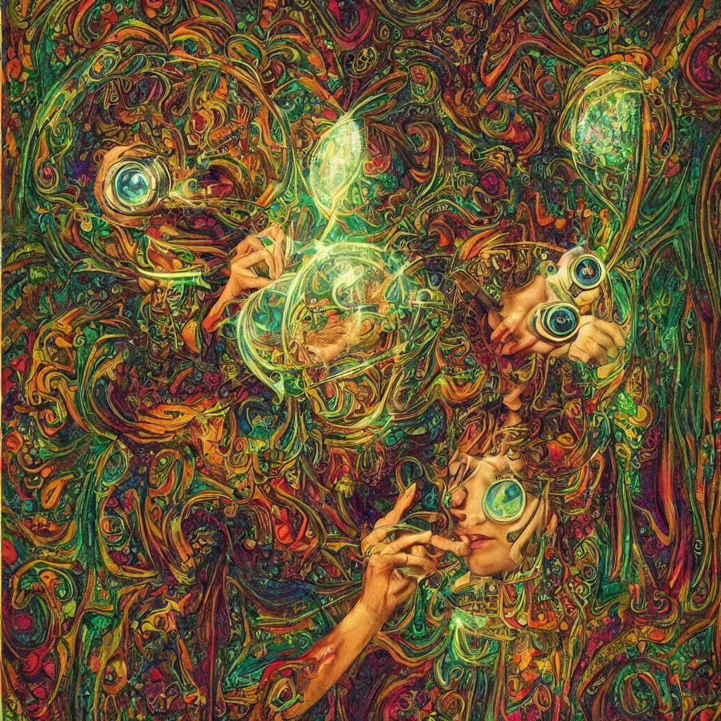 Prompt: a ver, detailed very beautiful painting of a psychedelic machine elf entity looking through a magnifying glass onto a strange insect