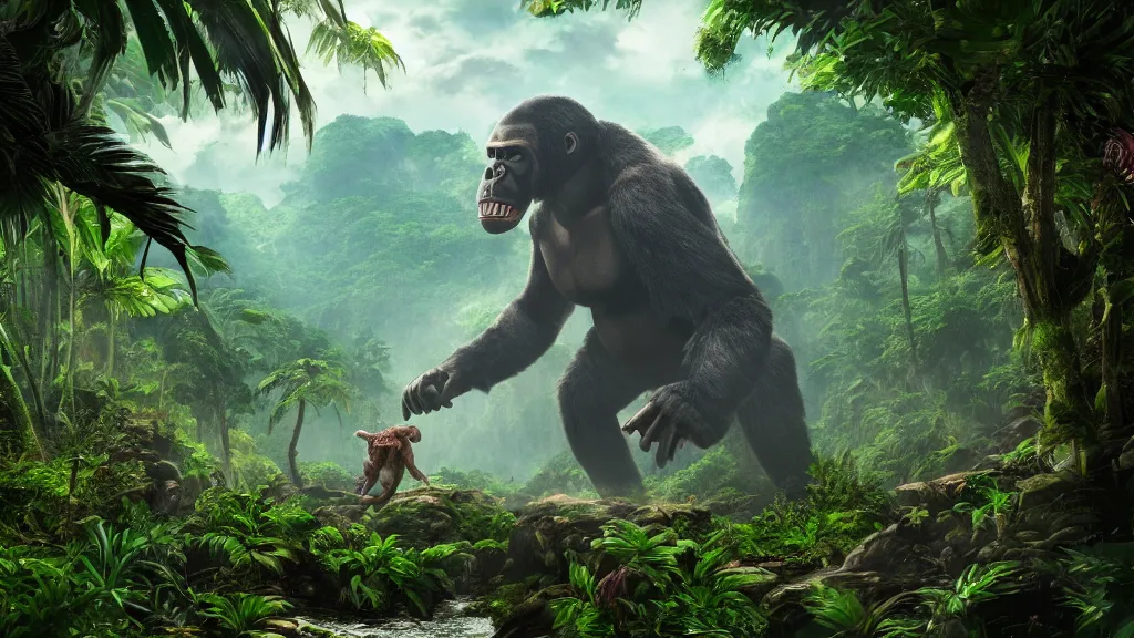Prompt: a giant monster King Kong in a tropical forest, fantasy artwork, very very very beautiful scenery, hd, hdr, ue5, ue6, unreal engine 5, cinematic 4k wallpaper, 8k, ultra detailed, high resolution, artstation, award winning