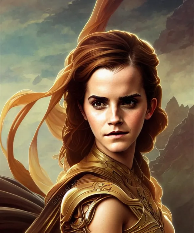 Image similar to Emma Watson as a dune princess, sci-fi, amber eyes, face, long hair, fantasy, intricate, elegant, highly detailed, digital painting, artstation, concept art, smooth, sharp focus, illustration, art by artgerm and greg rutkowski and alphonse mucha