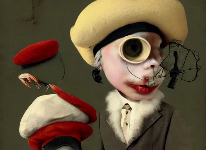 Image similar to a shrimp wearing beret and suit, lowbrow, matte painting, 3 - d highly detailed, in the style of mark ryden,