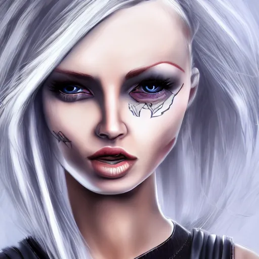 Prompt: Hot young woman, winking, grey skinned, void eyeballs, white hair, tattoos, wearing leather and a white blouse, digital art, concept art, ultra detailed, 4k, 8k