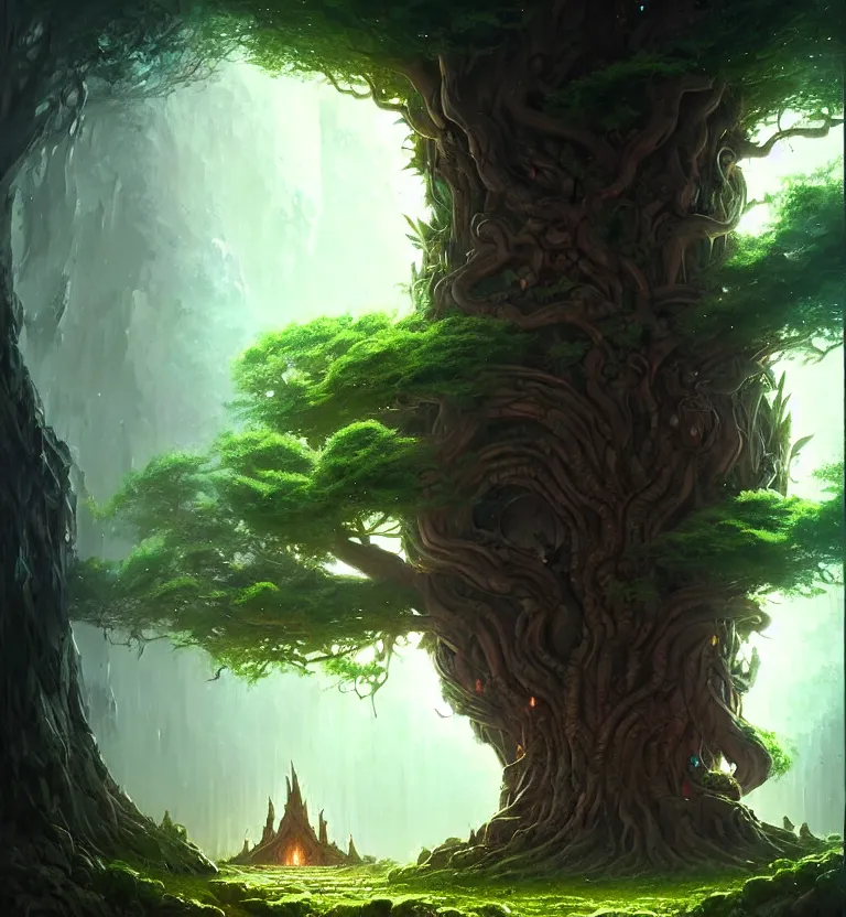 Image similar to a beautiful giant tree growing in the middle of an mysterious giant door carved with symbols, a door is embedded in the tree. godray on plants, fantasy digital art, fantasy style art, fantasy hearthstone art style, fantasy game art by greg rutkowski, darksouls concept art