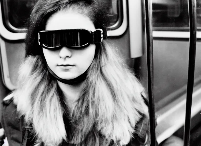 Image similar to close - up portrait of a young woman wearing a choker and ski goggles, in a subway, richard avedon, tri - x pan