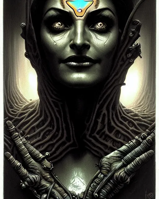 Image similar to symmetra from overwatch, character portrait, portrait, close up, concept art, intricate details, highly detailed, horror poster, horror, vintage horror art, realistic, terrifying, in the style of michael whelan, beksinski, and gustave dore