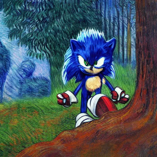 Prompt: sad painting of detailed realistic sonic the hedgehog in the woods at night, in the style of studio ghibli and moebius and claude monet and edward hopper and vincent van gogh