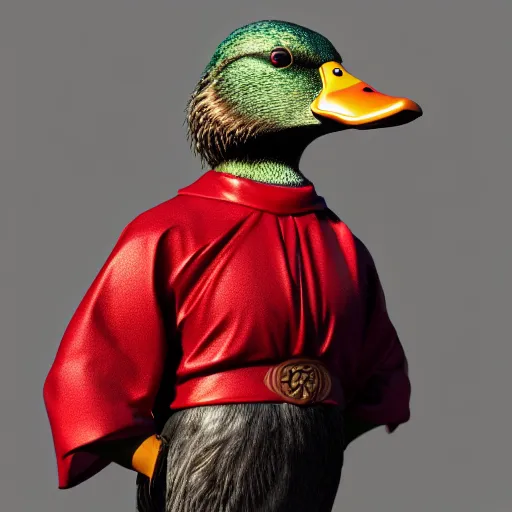 Image similar to photorealistic cute mallard duck, wearing cultist red robe, standing at an altar, black feathers, glowing arcane eyes, very detailed black feathers, ultra detailed, cgi, photorealistic, unreal engine 5, nft portrait, 3 d, digital art, 8 k, octane render, trending on art station