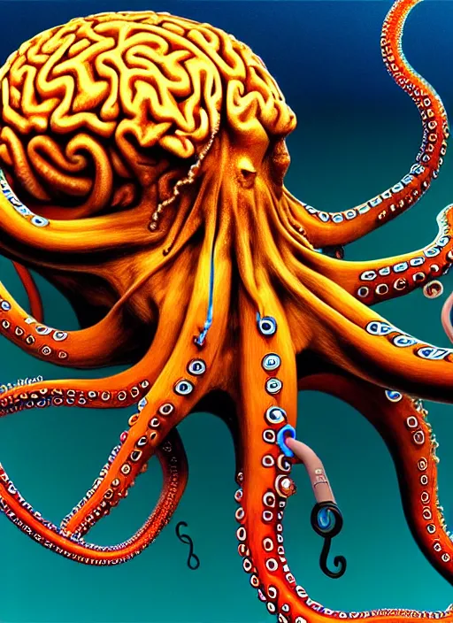 Prompt: realistic detailed image of an octopus's brain connected with wires and cords to a human snorkeling at night by Salvador Dali, rich deep colors. masterpiece . intricate artwork, very coherent symmetrical artwork, cinematic, hyper realism, high detail, octane render, unreal engine, 8k, Vibrant colors, Smooth gradients, High contrast, depth of field. full body character drawing, inspired by Haeckel, clean ink detailed line drawing, intricate detail, extremely detailed, 8k.