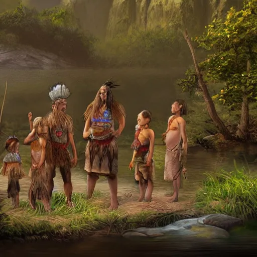 Image similar to a unique native tribal family standing on the banks of a river fantasy concept art detailed high resolution