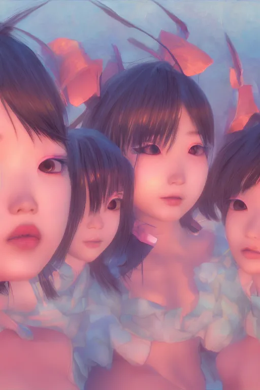 Prompt: 3d dark infrared octane render concept art by D. Jun, by Mo Xiang Tong Xiu, by Igarashi Daisuke, beauty portrait anime three schoolgirls under dark pink and blue water. pretty cute faces. sunrise. dramatic light, trending on artstation, oil painting, noise.