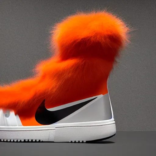 Image similar to nike shoe made of very fluffy orange faux fur placed on reflective surface, professional advertising, overhead lighting, heavy detail, realistic by nate vanhook, mark miner