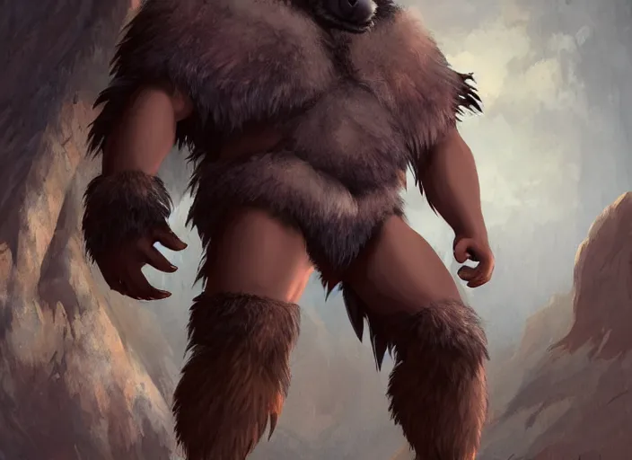 Image similar to burly tough character feature portrait of the anthro male anthropomorphic wolf fursona animal person wearing tribal primitive caveman loincloth outfit full wolf fur body standing in the entrance to the cave, head center framed character design stylized by charlie bowater, ross tran, artgerm, makoto shinkai, detailed, soft lighting, rendered in octane