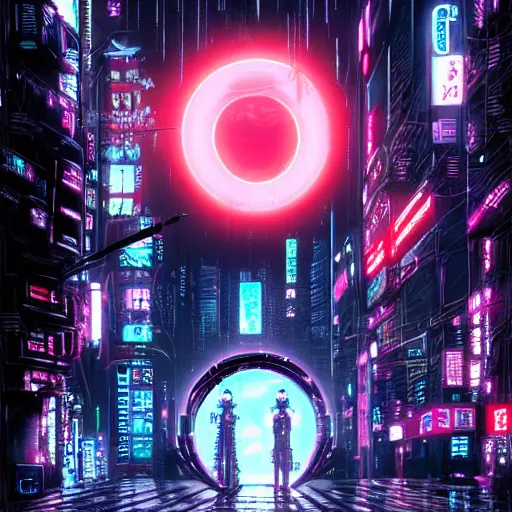 Image similar to Perfect circle portal leading to a vast neon cyberpunk Tokyo in style of Tsutomu Nihei. Cyberpunk, vertical symmetry, 8K, Highly Detailed, Intricate, Vivid.