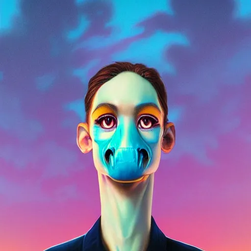 Prompt: Lofi vaporwave portrait dinosaur, Pixar style, Tristan Eaton, Stanley Artgerm, Tom Bagshaw