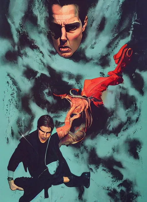 Image similar to poster artwork by Michael Whelan and Tomer Hanuka, Karol Bak of Tom Cruise going crazy, from scene from Twin Peaks, clean