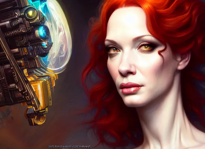 Prompt: portrait shot of a christina hendricks in cyberpunk 2 0 7 7, intricate, elegant, highly detailed, centered, digital painting, artstation, concept art, smooth, sharp focus, illustration, artgerm, tomasz alen kopera, peter mohrbacher, donato giancola, joseph christian leyendecker, wlop, boris vallejo