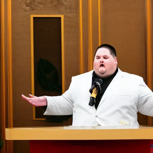 Image similar to professional photograph of an obese ugly white man wearing a mao suit speaking on a podium in an indoor setting, highly detailed, highly intricate, 8k,