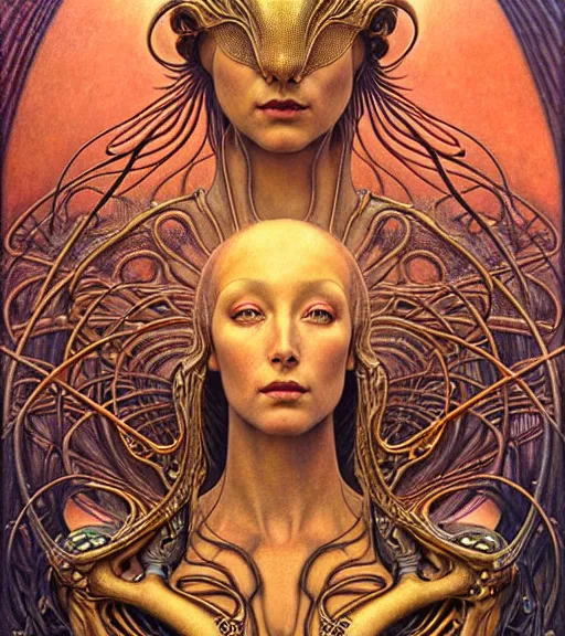 Image similar to detailed realistic beautiful young cher alien robot as queen of mars portrait by jean delville, gustave dore and marco mazzoni, art nouveau, symbolist, visionary, fractal, baroque. horizontal symmetry by zdzisław beksinski, iris van herpen, raymond swanland and alphonse mucha. highly detailed, hyper - real, beautiful