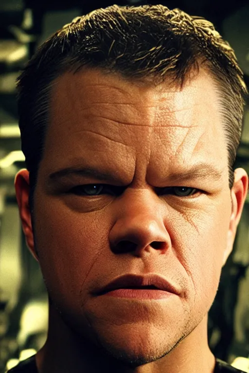 Image similar to A still of Matt Damon as Neo in The Matrix, close-up, sigma male, rule of thirds, award winning photo, unreal engine, studio lighting, highly detailed features, interstellar space setting