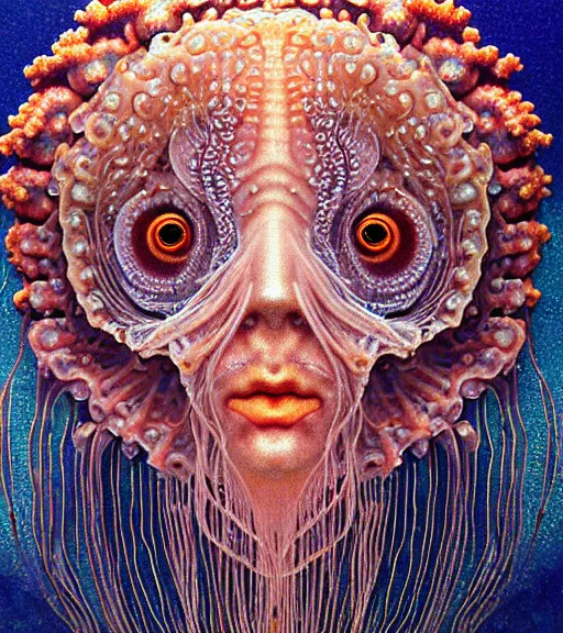 Image similar to hyperrealistic detailed underwater face portrait of the beautiful god of the jellyfish with an intricate headgear of corals, sea kelp, sea plants, fish, starfish, jellyfish, art by ernst haeckel, victor ngai, john william godward, gothic, neo - gothic, ornamental, beautiful deep colours,