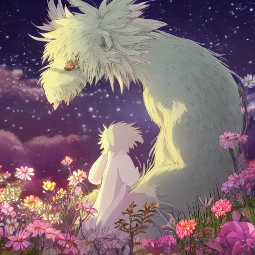 Prompt: detailed spirit creature in the flowers at night made by studio ghibli, beautiful scene, detailed, high quality, high details, smooth, 8 k,