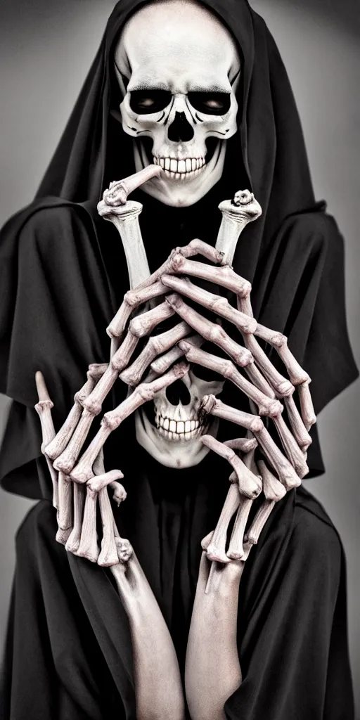 Prompt: cinematic shot epic portrait skeleton wearing a dark robe holding flowers crying, hyper realistic, mood lighting, fantasy, detailed face, highly detailed, super realistic, perfect lighting