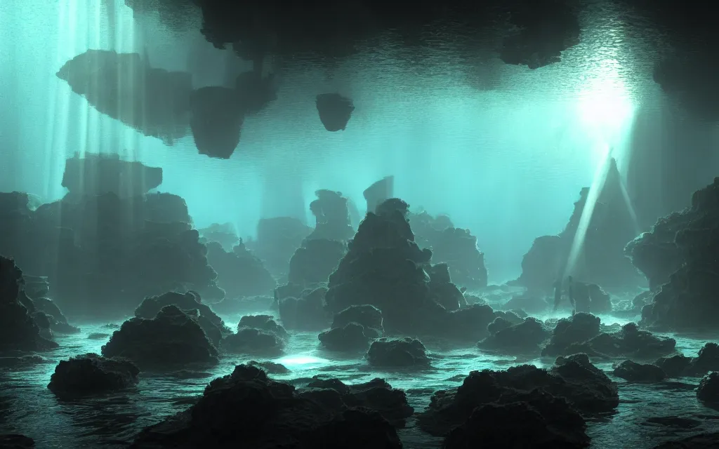 Image similar to wide shot, submerged pre - incan temple, dark, grenada underwater sculpture park, bubbles, abyss, stylized, anime style mixed with fujifilm, detailed gouache paintings, crepuscular rays, dark, murky, foggy, atmospheric, artstation, cgsociety, octane render, cgi, unreal engine 5, denoise, cinematic masterpiece