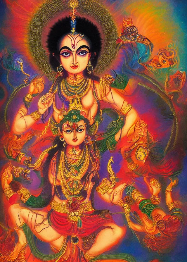 Image similar to Kali deva of the golden blood dance beloved deva, ethereal gnostic mist, award winning oil painting, chromatic aberration surreal colors