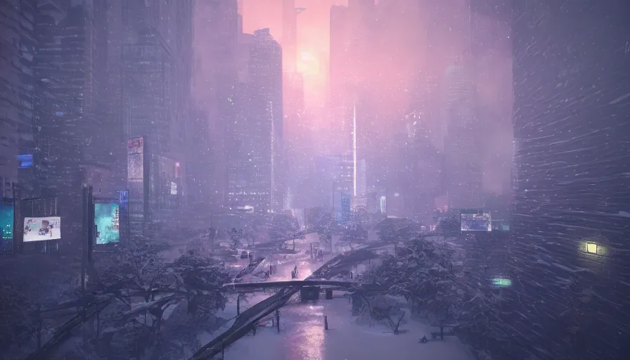Prompt: City of Osaka under snow at night, wild view, volumetric light, hyperdetailed, artstation, cgsociety, 8k