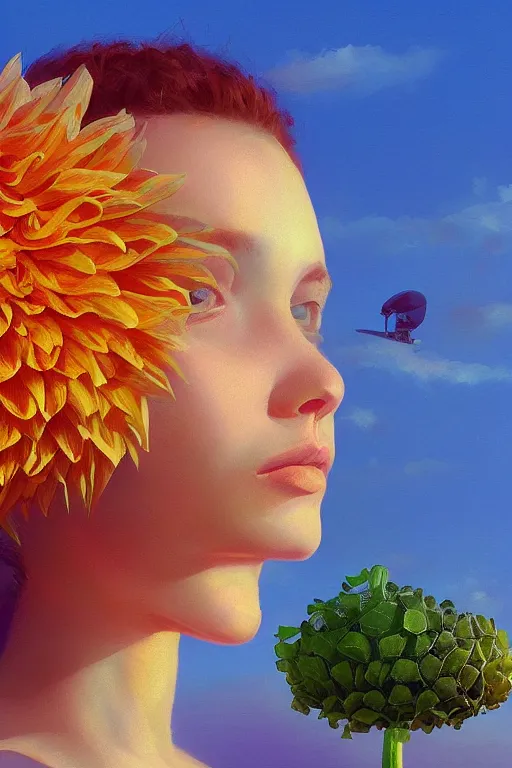 Prompt: closeup girl with huge dahlia flower head, portrait on beach, surreal photography, blue sky, sunrise, dramatic light, impressionist painting, digital painting, artstation, simon stalenhag