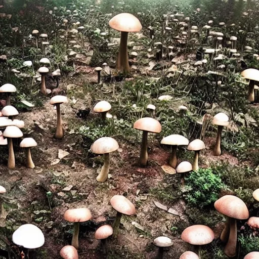 Prompt: beautiful dystopian deserted overgrown city mushroom people surviving